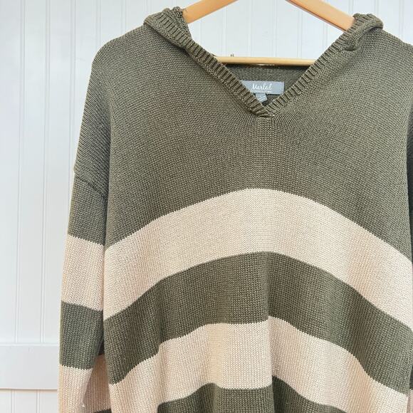 Marled Reunited Clothing Women's Green & Tan Striped Hooded V-Neck Sweater L - Picture 1 of 10